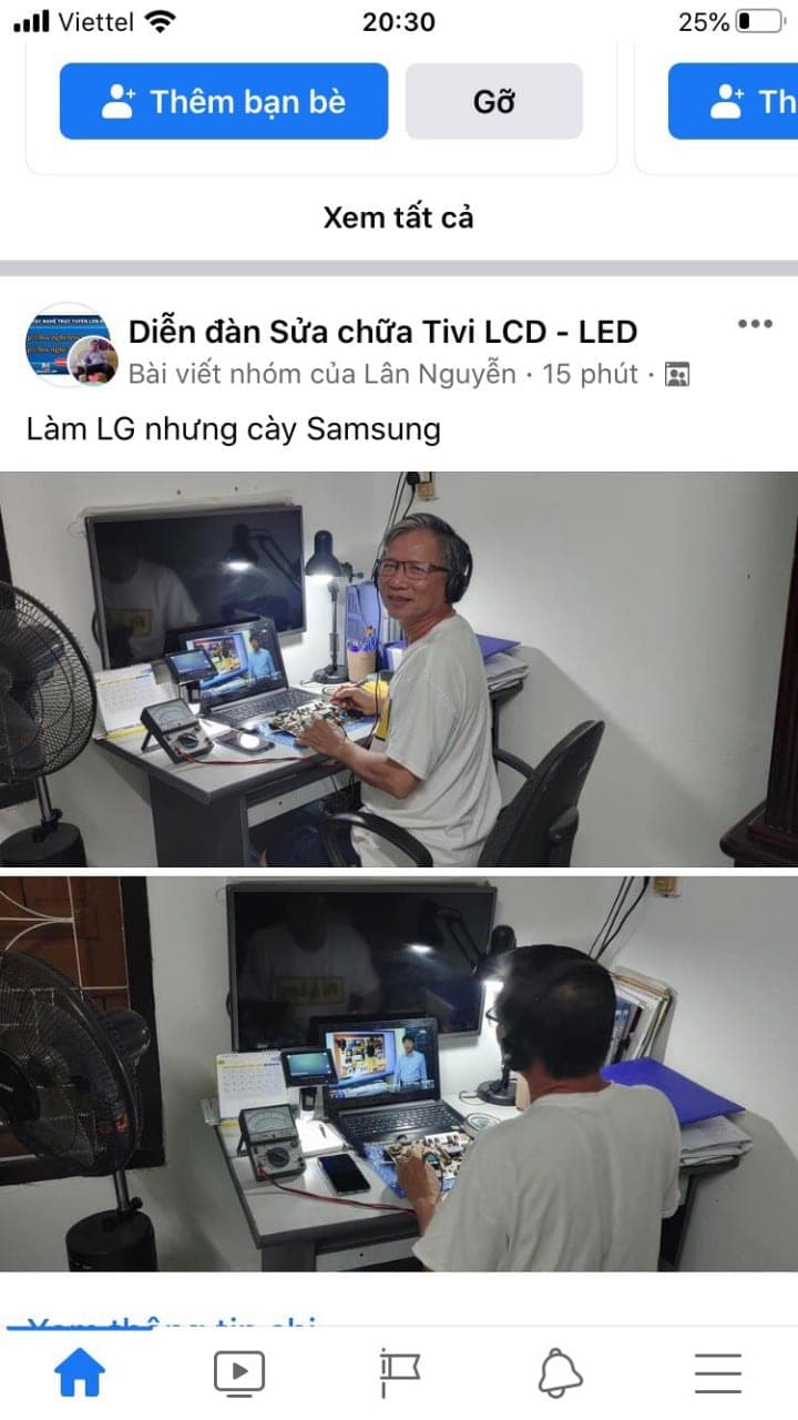 Học viên lớn tuổi vừa xem bài giảng vừa sửa bo mạch tivi LG, Samsung tại nhà