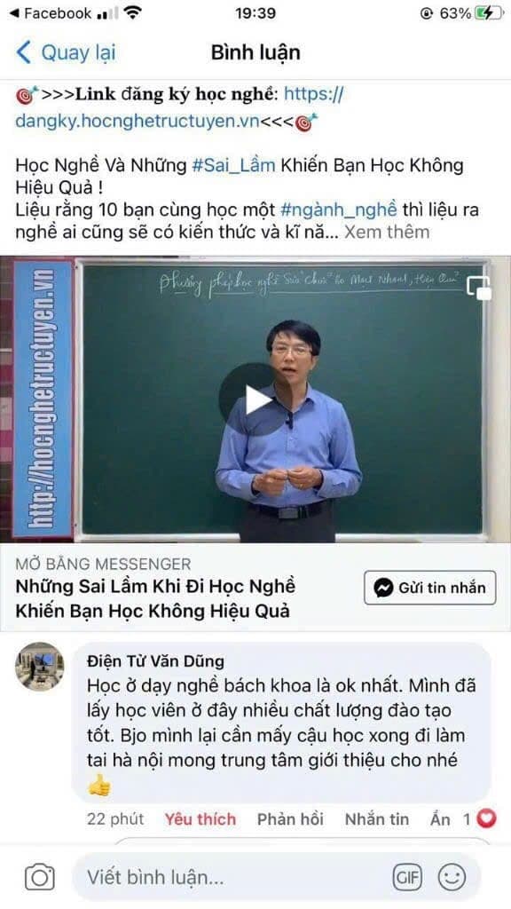Chủ cửa hàng Điện Tử Văn Dũng: học ở Dạy Nghề Bách Khoa chất lượng đào tạo tốt nhất
